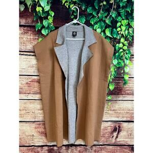 Bobeau Open Front Long Sweater Cardigan Kimono Poncho w Collar Brown Grey Sz 1X